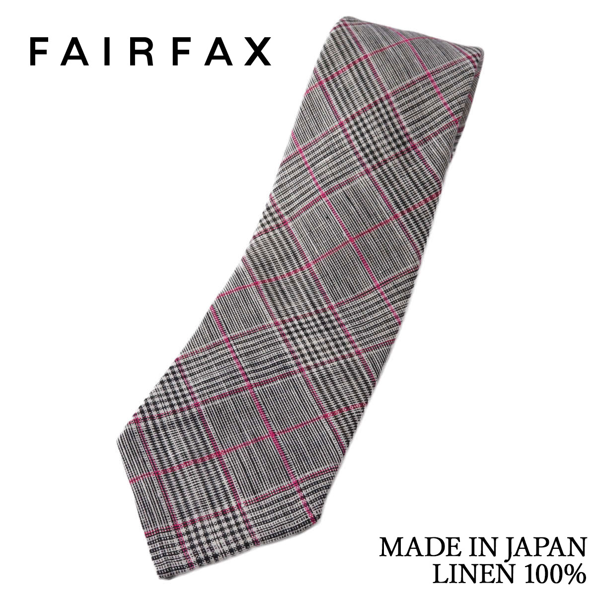 フェアファクス FAIRFAX ネクタイ リネン100% グレンチェック ブラック×ホワイト×ピンク 三巻き仕上げ 日本製 ハンドメイド メンズ 父の日