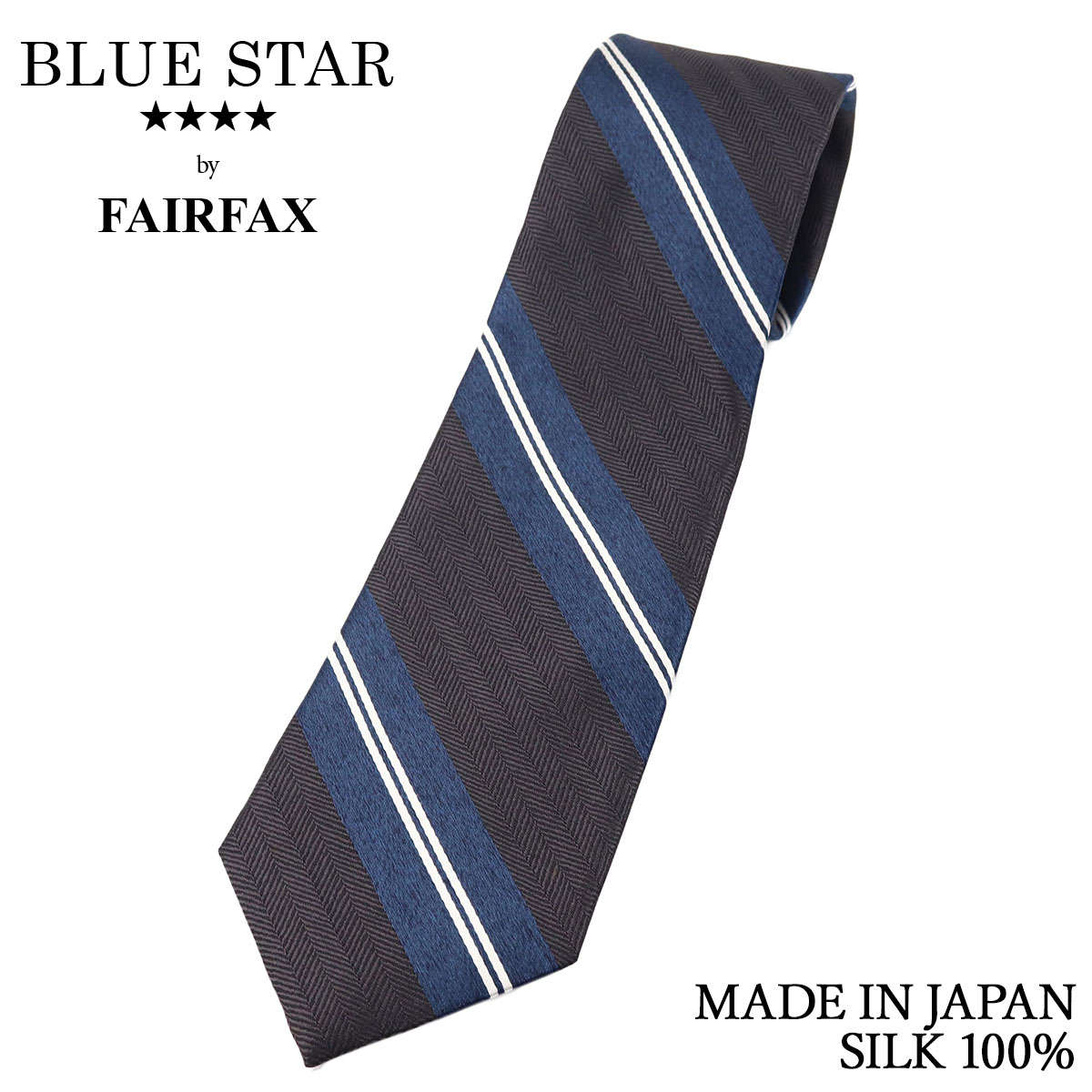 フェアファクス FAIRFAX ネクタイ レールストライプ チャコールグレー×ダルブルー ヘリンボーン&サテン織 シルク100% 日本製 ハンドメイド メンズ 父の日