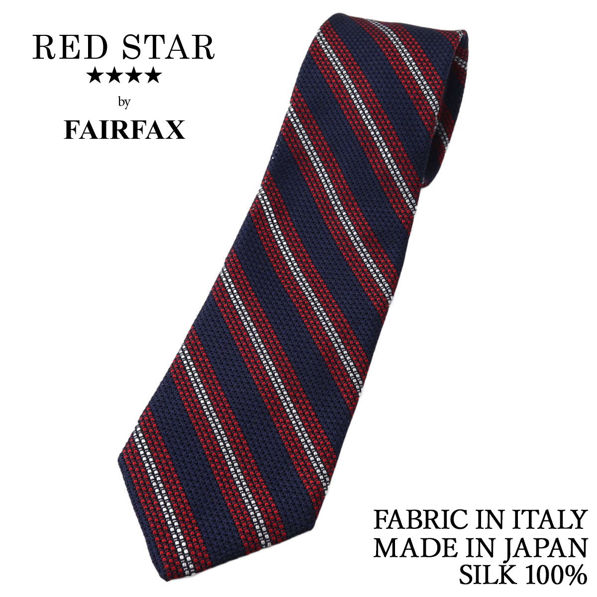 フェアファクス FAIRFAX ネクタイ フレスコ織 ストライプ ネイビー×レッド×パールホワイト イタリー生地 シルク100% 日本製 ハンドメイド メンズ