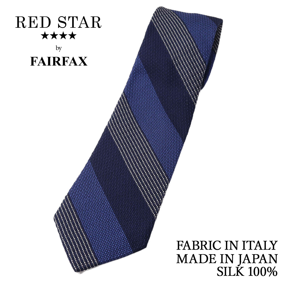 フェアファクス FAIRFAX ネクタイ フレスコ織 3色ストライプ ネイビー×インクブルー×パールホワイト イタリー生地 シルク100% 日本製 ハンドメイド メンズ