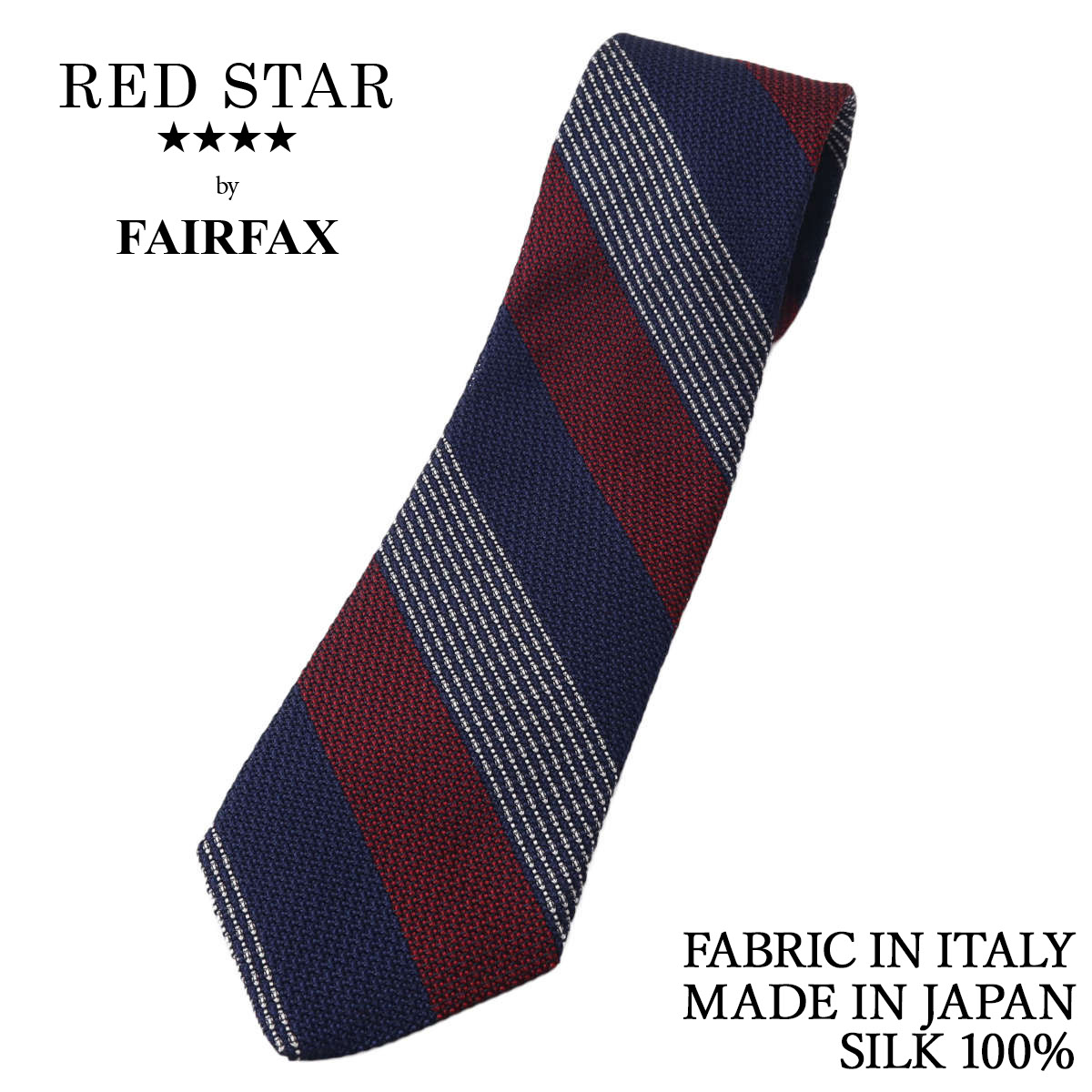 フェアファクス FAIRFAX ネクタイ フレスコ織 3色ストライプ ネイビー&times;クリムソンレッド&times;パールホワイト イタリー生地 シルク100% 日本製 ハンドメイド メンズ｜ドレスシャツSHOPウィンザーノット