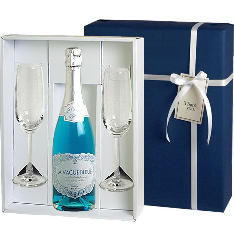 結婚祝い ギフト ワイン 結婚祝 ＜ペアグラス付き＞ 　幸せを呼ぶ青いスパークリング！ラ・ヴァーグ・ブルーギフト　ペアグラスセット （泡1、グラス2）（辛口）   誕生日祝い