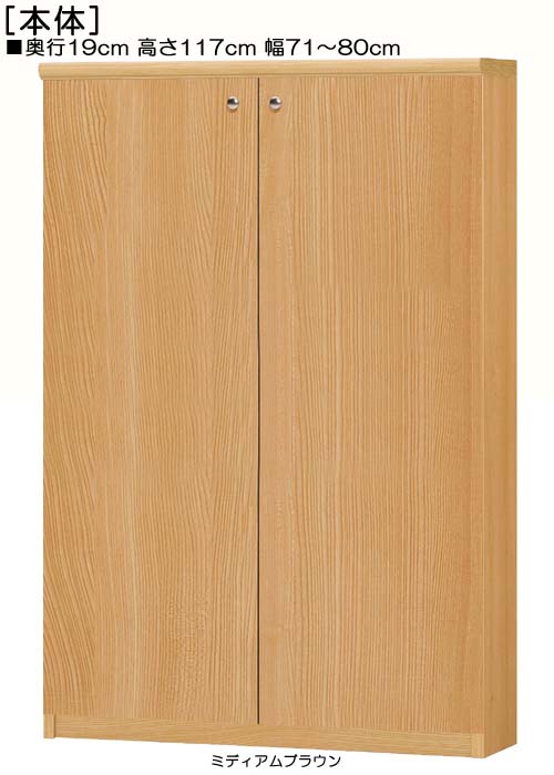 全面扉オーダー本棚 高さ１１７ｃｍ幅７１～８０ｃｍ奥行１９ｃｍ厚棚板（棚板厚み2.5cm） 両開き 全面扉付待合室シェルフ 本棚 幅 76 cm 横幅 指定