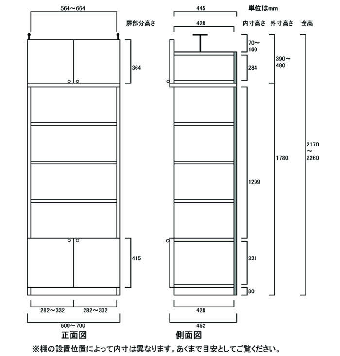 木製文庫本収納ラック高さ２１７～２２６ｃｍ幅６０～７０ｃｍ奥行