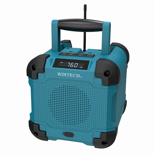 WINTECH 防滴防塵デジタル現場ラジオ GBR-6EBT ブルーグリーン AMラジオ FMラジオ 自動プリセット 防滴防塵仕様 IP45等級相当 充電池内蔵　 ACコード AUXIN デジタル液晶 バックライト ATS 衝撃吸収ラバー 大音量 Blutooth ブルートゥース対応｜WINTECH DIRECT