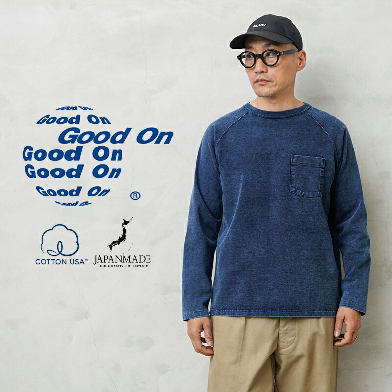 Good On グッドオン GOLT-1805IS L/S ヘビー ラグラン ポケットTシャツ INDIGO SHAVE 日本製【Sx】【T】｜メンズ 長袖 ロングスリーブ トップス インナー 藍染め golt1805is_1.jpg