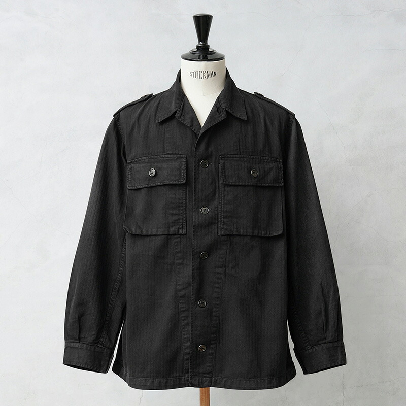 実物 USED オランダ軍 HBT（ヘリンボーンツイル）フィールド シャツ ジャケット ボタン袖 BLACK染め【クーポン対象外】【I】｜メンズ アウター 大きいサイズ 薄手 ミリタリー カジュアル 黒 リメイク 古着 ファッション おしゃれ｜ミリタリーWAIPER 店
