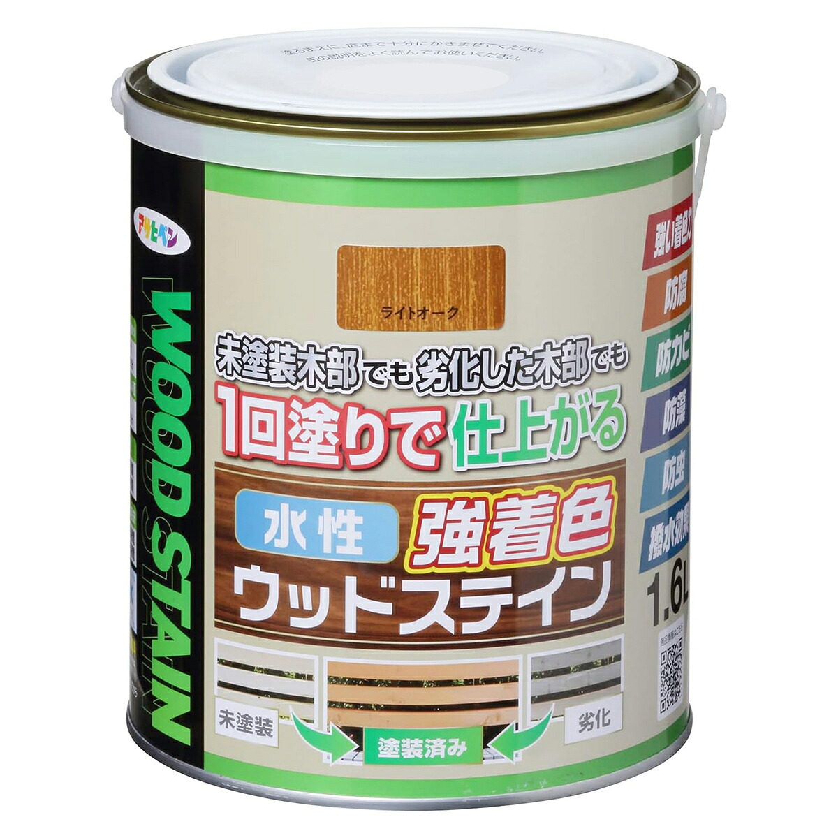 塗料 水性強着色ウッドステイン 1.6L ライトオーク アサヒペン 水性塗料 ペンキ 水性 水性ペンキ 防腐剤 木材 ウッドデッキ 塗料 防カビ 防虫 撥水 防藻｜ワイズライフ