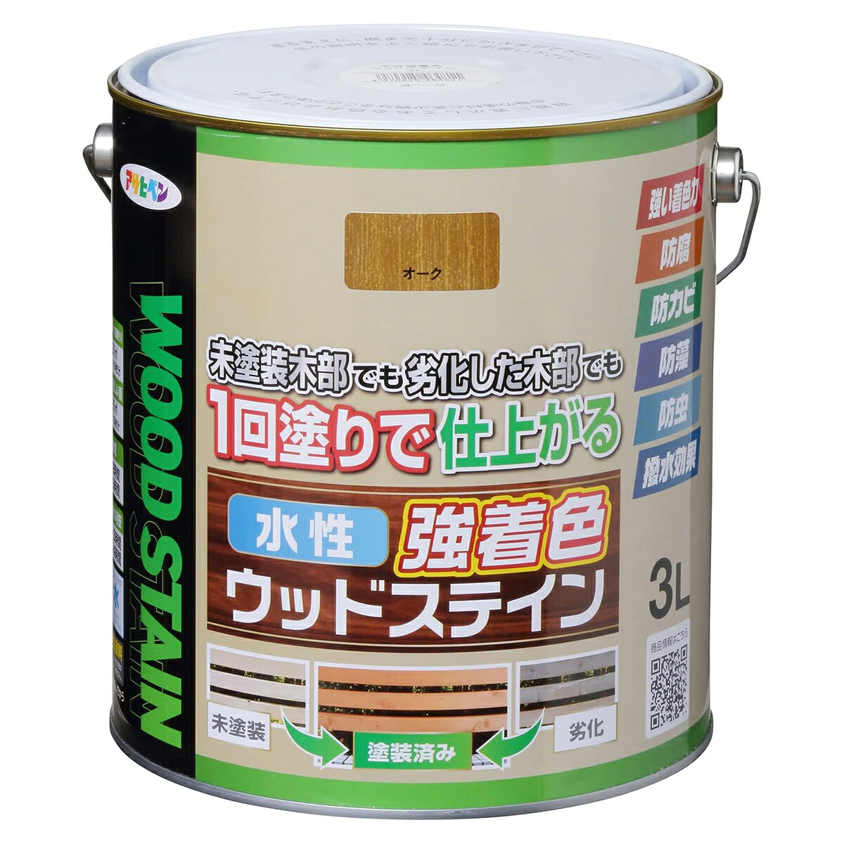 塗料 水性強着色ウッドステイン 3L オーク アサヒペン 水性塗料 ペンキ 水性 水性ペンキ 防腐剤 木材 ウッドデッキ 塗料 防カビ 防虫 撥水 防藻