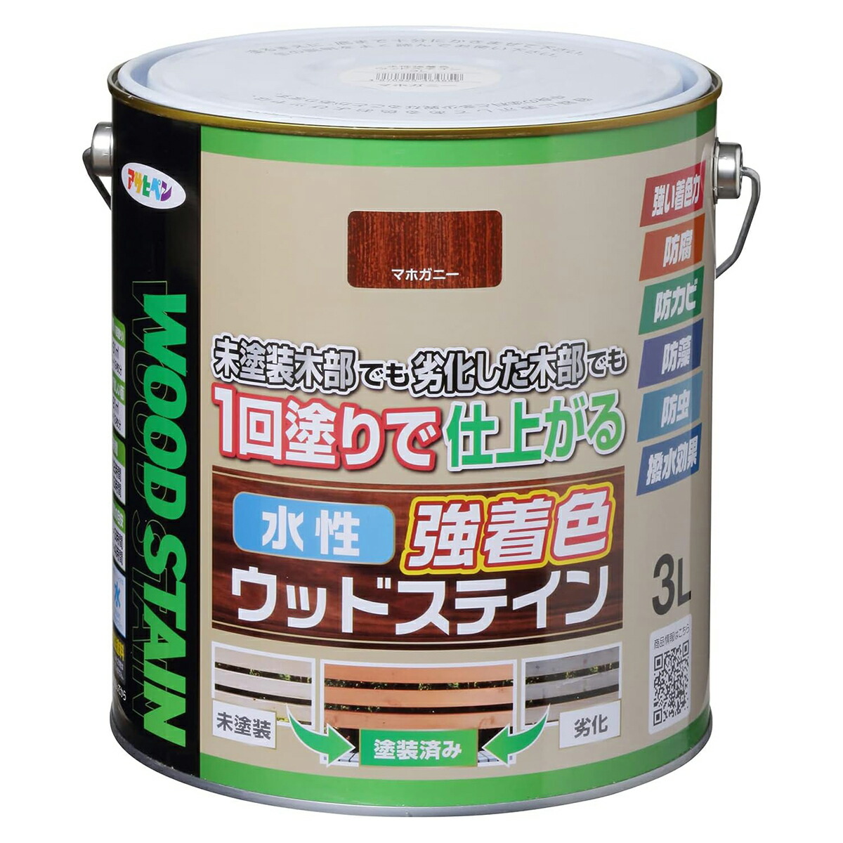 塗料 水性強着色ウッドステイン 3L マホガニー アサヒペン 水性塗料 ペンキ 水性 水性ペンキ 防腐剤 木材 ウッドデッキ 塗料 防カビ 防虫 撥水 防藻 12,124円
