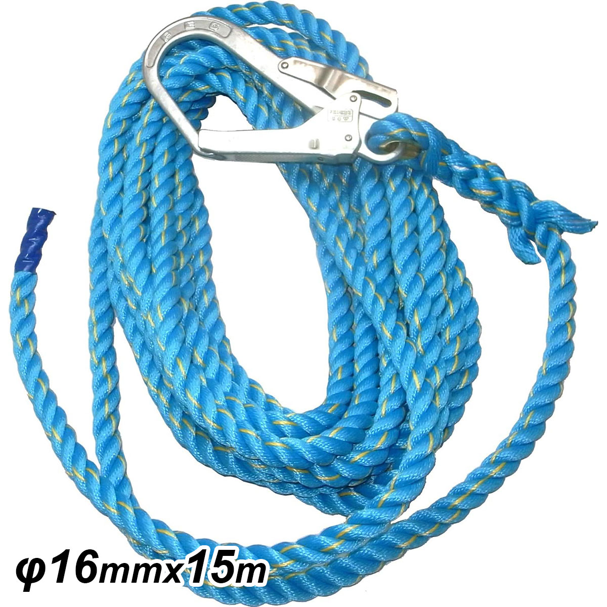 ニューテトロン親綱 垂直用 青色 φ16mm×15m 片フック付 NEW-TETORON-1615BLUE まつうら工業 ロープ 親綱ロープ フック 親綱 作業 工事 安全|ワイズライフ