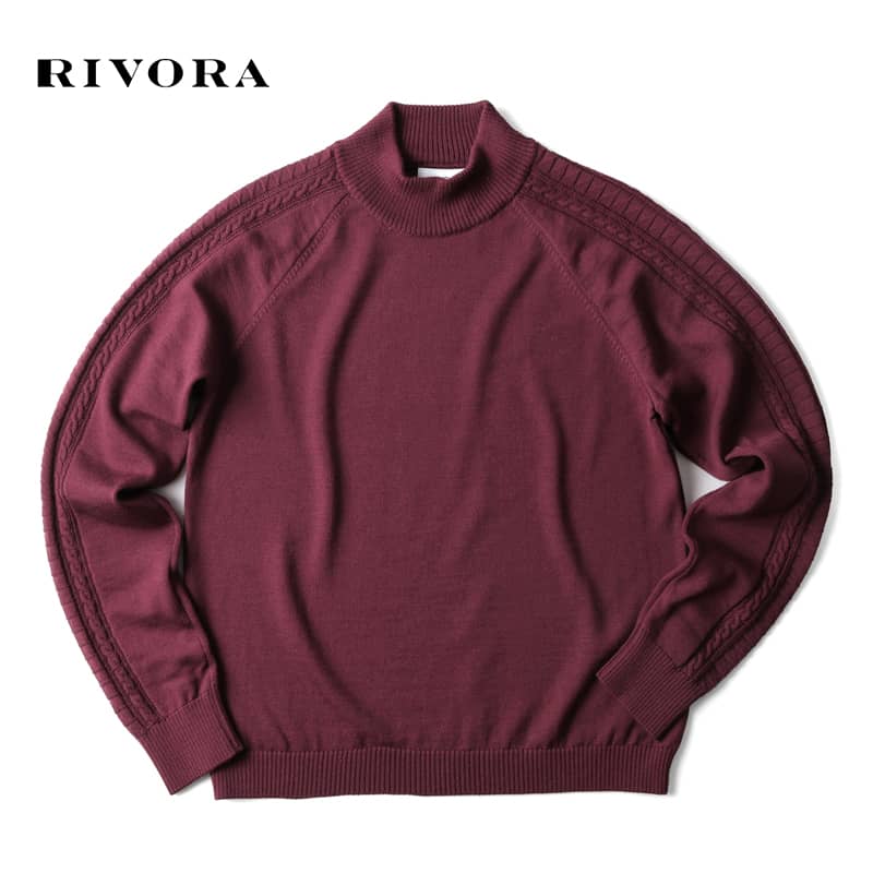 【50%OFF】RIVORA / リヴォラ｜ウールハイゲージサイドケーブル編みモックネックニット(R26-MKT003)｜（ボルドー）｜ 秋冬 ハイネックニット ケーブル編みニット セーター メンズ 日本製 アウトレット