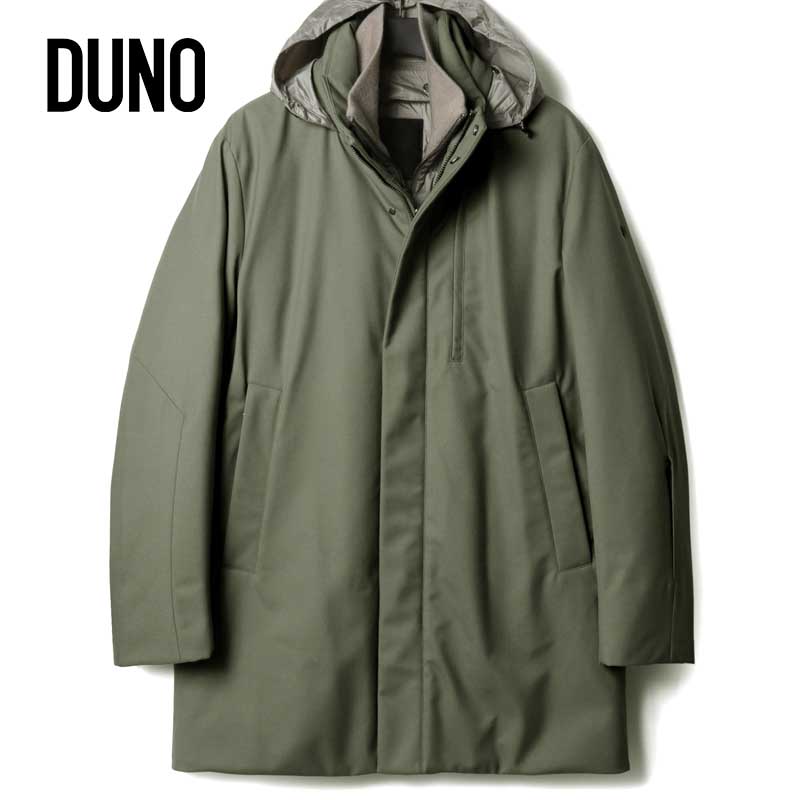 【50%OFF】 DUNO / デュノ｜撥水ウールポリエステルギャバジン比翼仕立てデタッチャブルスタンドカラーダウンコート(BLAKED/DOBBIACO)｜（グレイッシュセージグリーン×シャンパンベージュ）｜ レイヤードコート ダウンジャケット アウター デタッチャブル仕様 撥水加工