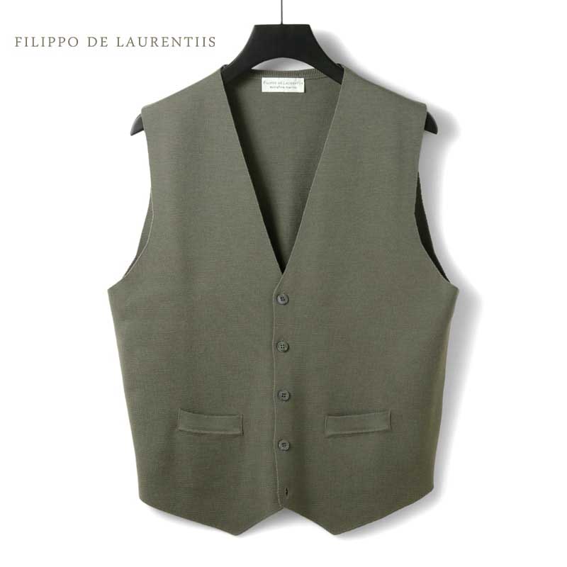 【40%OFF】FILIPPO DE LAURENTIIS / フィリッポ デ ローレンティス｜ウールミラノリブVネックニットジレ(PA0MPT/WM14M)｜（オリーブグレー）｜ 秋冬 ニットベスト エクストラファインメリノウール メンズ イタリア アウトレット