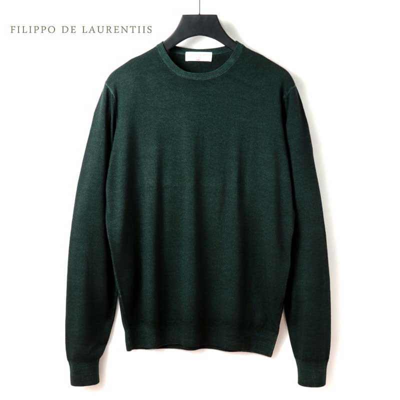 【40%OFF】FILIPPO DE LAURENTIIS / フィリッポ デ ローレンティス｜ガーメントダイウールハイゲージクルーネックニット(GC1ML/RM16RV)｜（ダークピーコック）｜ 秋冬 セーター スーパーファインメリノウール 製品染め colors メンズ イタリア アウトレット