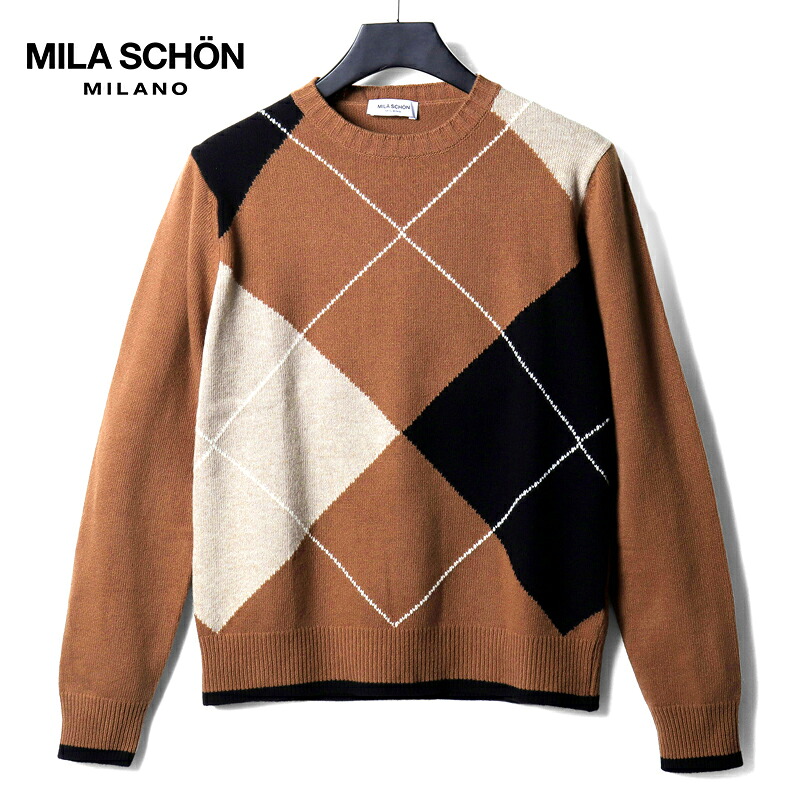 【40%OFF】 MILA SCHON MILANO / ミラ ショーン ミラノ｜ウールカシミヤミドルゲージアーガイル柄クルーネックニット(260-720)｜（ブラウン基調）｜ 秋冬 ミラショーンミラノ セーター アーガイルニット メンズ イタリア アウトレット｜WISE MAN&rsquo;S STORE 店