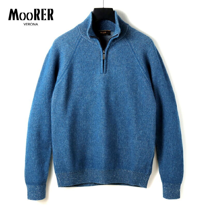 【60%OFF】 MOORER / ムーレー|リブ編みウールカシミヤミドルゲージハーフジップニット(FEDRO-WSV)|(CHINA BLUE/GREY)| 秋冬 長袖ニット セーター スタンドカラーニット ラグランスリーブ カシミア メンズ イタリア アウトレット|WISE MAN’S STORE 店