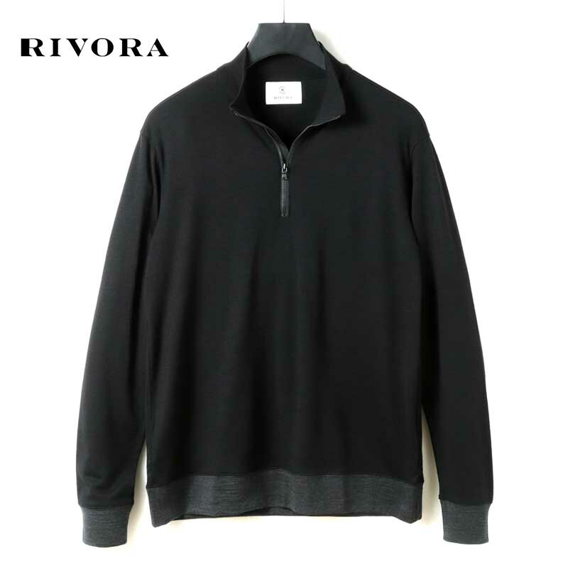 【40%OFF】RIVORA / リヴォラ｜Super100'sウォッシャブルウール長袖ハーフジップカットソー(R30-MULT002-Z)｜（ブラック×チャコールグレー）｜ Tシャツ ロングスリーブ スタンドカラー ニット セーター 天竺 メンズ 日本製 アウトレット
