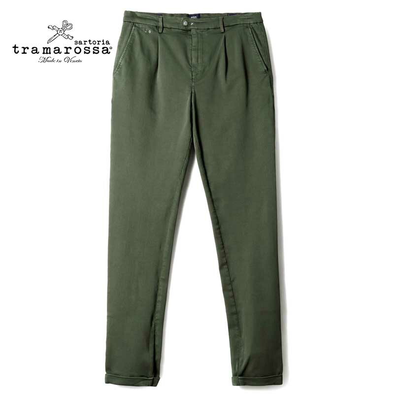 【60%OFF】tramarossa / トラマロッサ｜ガーメントダイコットンスーパーストレッチドリル1プリーツテーパードパンツ(ALBERTO)｜（モスグリーン）｜ スラックス ボトムス チノパンツ 製品染め かつらぎ アルベルト メンズ イタリア アウトレット