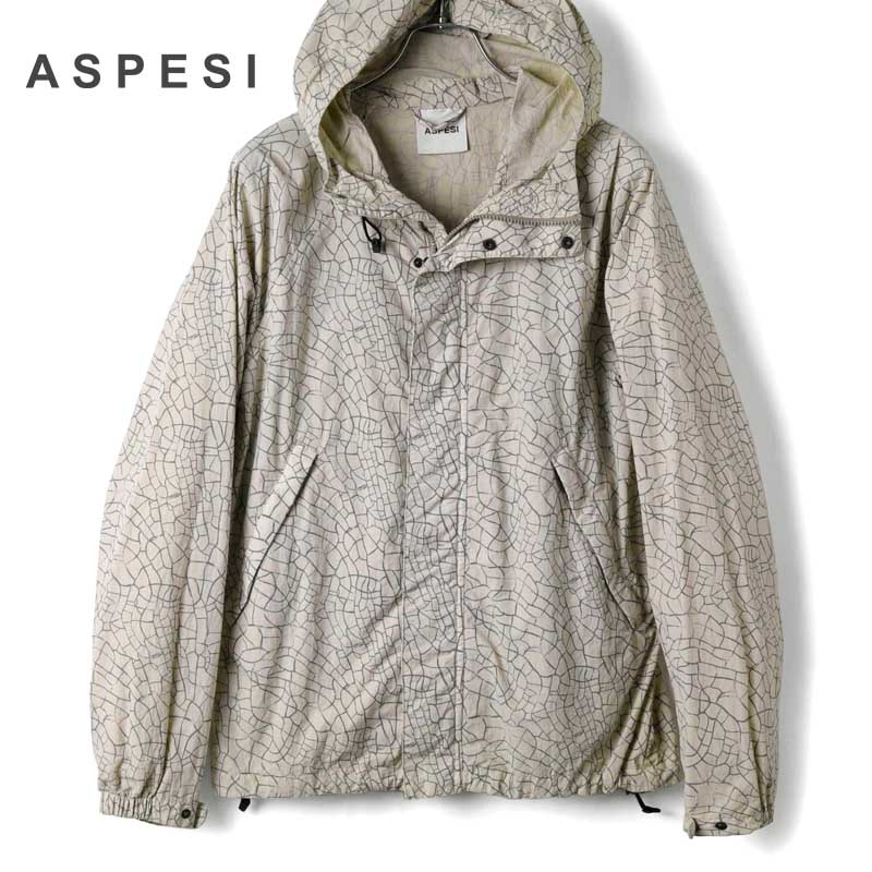 【60%OFF】 ASPESI / アスペジ｜ナイロングログラン幾何学柄プリントジップアップパーカー(GIUBBOTTO MOON LIGHT)｜（ライトベージュ×グレー）｜ 春夏 アウター ナイロンパーカー フーデッドブルゾン メンズ イタリア アウトレット