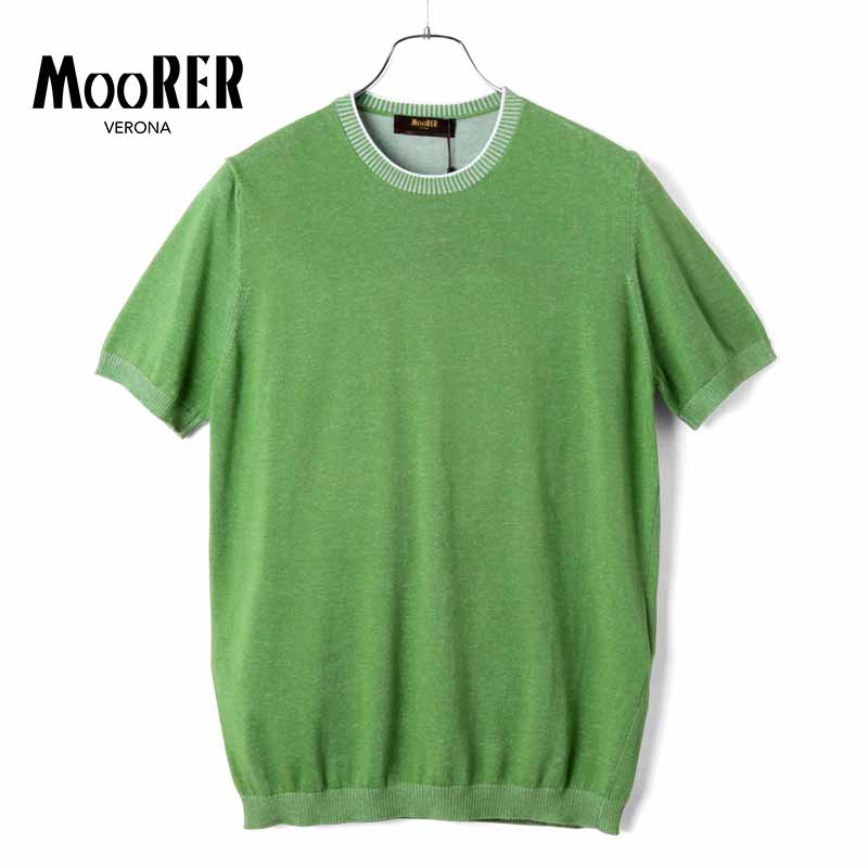 【60%OFF】MOORER / ムーレー|コットンハイゲージプレーティング半袖クルーネックニット(JUDE-VCR)|(KIWI)| 春夏 半袖ニット 半袖Tシャツ コットン プレーティングニット メンズ イタリア アウトレット