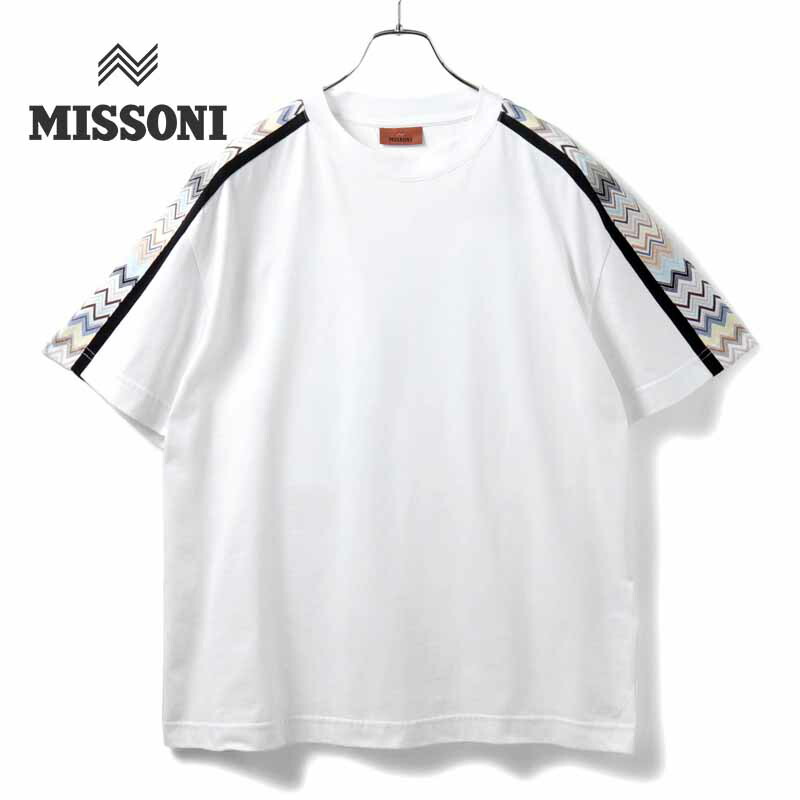 【50%OFF】MISSONI / ミッソーニ｜肩ジグザグ柄切り替えしコットン半袖クルーネックTシャツ(US24WL04)｜（本体：ホワイト/肩から袖：マルチカラー）｜ 春夏 カットソー 半袖Tシャツ メンズ イタリア アウトレット