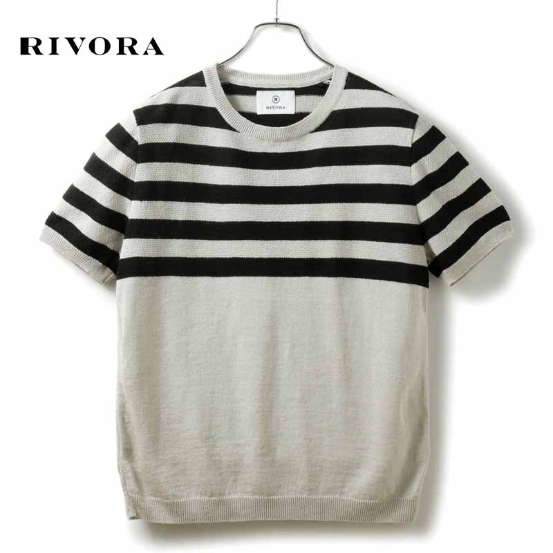 【40%OFF】RIVORA / リヴォラ｜リネンシルクボーダー柄半袖クルーネックニットTシャツ(R21-MKT005)｜（グレージュ×ブラック）｜ 春夏 半袖ニット ニットソー サマーニット セーター 麻 絹 メンズ 日本製 アウトレット