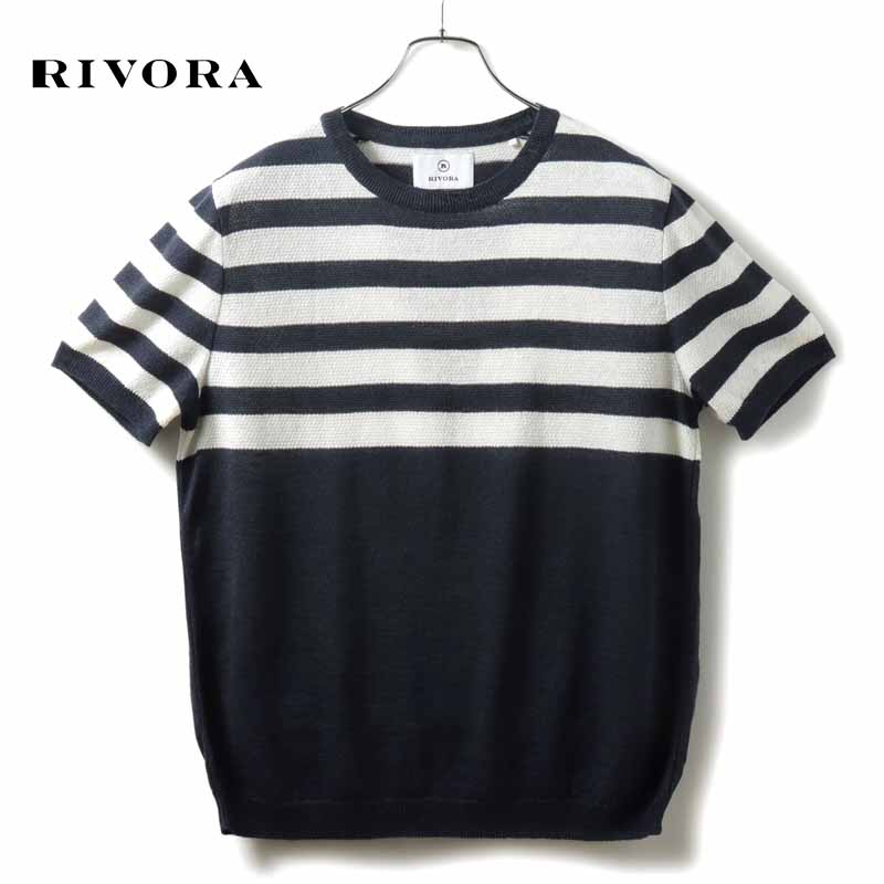 【40%OFF】RIVORA / リヴォラ｜リネンシルクボーダー柄半袖クルーネックニットTシャツ(R21-MKT005)｜（ネイビー×オフホワイト）｜ 春夏 半袖ニット ニットソー サマーニット セーター 麻 絹 メンズ 日本製 アウトレット