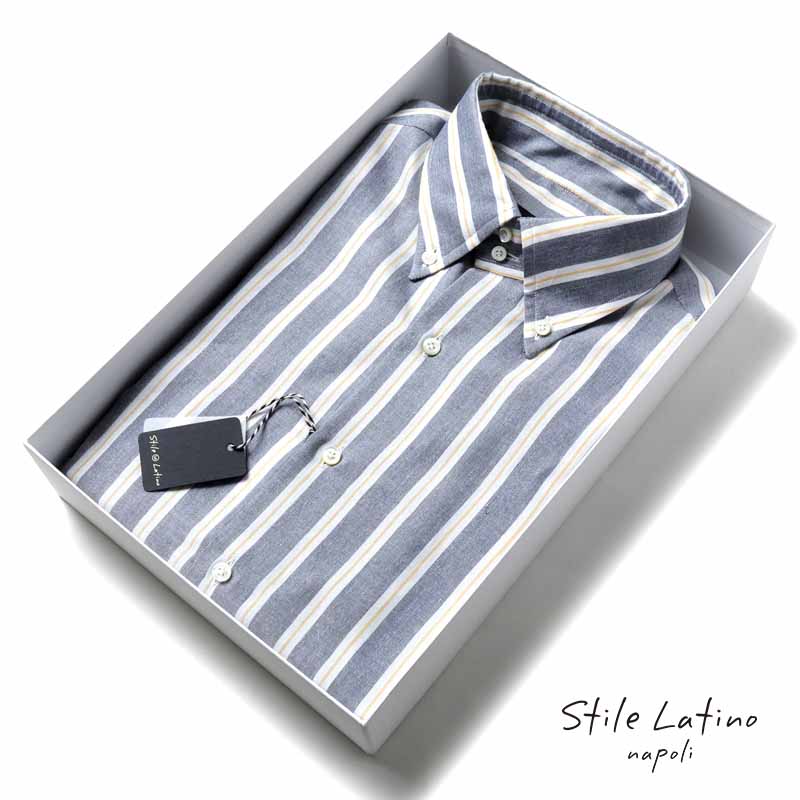 【40%OFF】Stile Latino / スティレラティーノ｜ストライプ柄コットンリネンオックスフォードボタンダウンカラーシャツ(CMM12016/CMUSLJ)｜（ネイビー&times;ホワイト&times;イエロー）｜ 春夏 長袖シャツ カジュアルシャツ コットン リネン ハンドメイド メンズ イタリア アウトレット｜WISE MAN&rsquo;S STORE 店