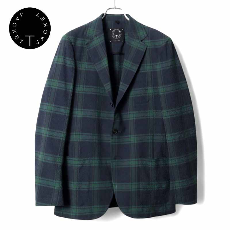 【50%OFF】T-JACKET / ティージャケット｜ブラックウォッチチェック柄コットンストレッチシアサッカー3Bジャケット(51G522J1)｜（ネイビー×グリーン）｜ 春夏 T-ジャケット TONELLO トネッロ アンコンジャケットト メンズ イタリア アウトレット