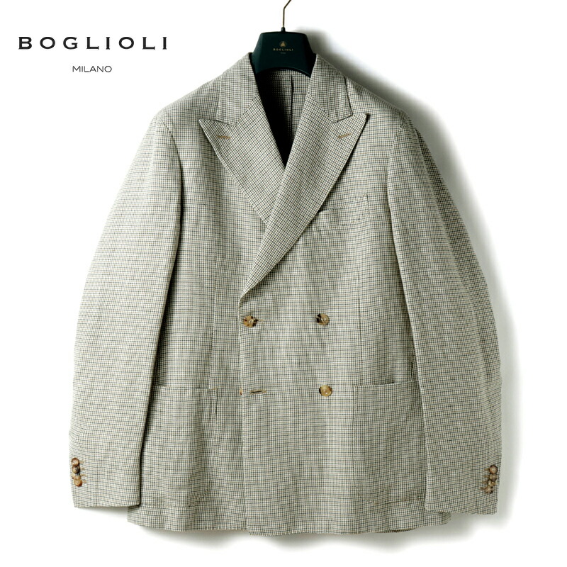 【40%OFF】 BOGLIOLI / ボリオリ｜ガンクラブチェック柄リネンコットンライトツイード4Bダブルジャケット(DOVER)｜（オフホワイト×オリーブ×ブラック×ブラウン）｜ 春夏 ドーヴァー テーラードジャケット アンコンジャケット 千鳥格子柄 メンズ イタリア アウトレット