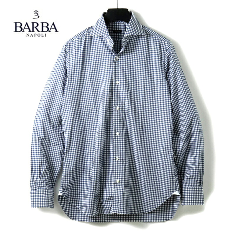 【40%OFF】 BARBA / バルバ｜ギンガムチェック柄コットンポプリンワイドカラーシャツ(I1U73/36067)｜（ホワイト×ネイビーブルー）｜ 春夏 カジュアルシャツ 長袖シャツ チェックシャツ ハンドメイド 手縫い コットンブロード メンズ イタリア アウトレット