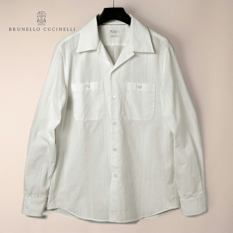 BRUNELLO CUCINELLI / ブルネロクチネリ｜コットンジャカードストライプ柄ダブルポケット付きオープンカラーシャツ(MM6780658)｜（オフホワイト）｜ 春夏 開襟シャツ キャンプカラーシャツ カジュアルシャツ メンズ イタリア アウトレット｜WISE MAN&rsquo;S STORE 店