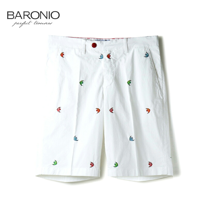 【40%OFF】 BARONIO / バローニオ|エンゼルフィッシュ柄刺繍コットンストレッチギャバジンショーツ(CHINOSH)|(ホワイト基調)| 春夏 バミューダパンツ ハーフパンツ ショートパンツ イタリア メンズ アウトレット|WISE MAN’S STORE 店