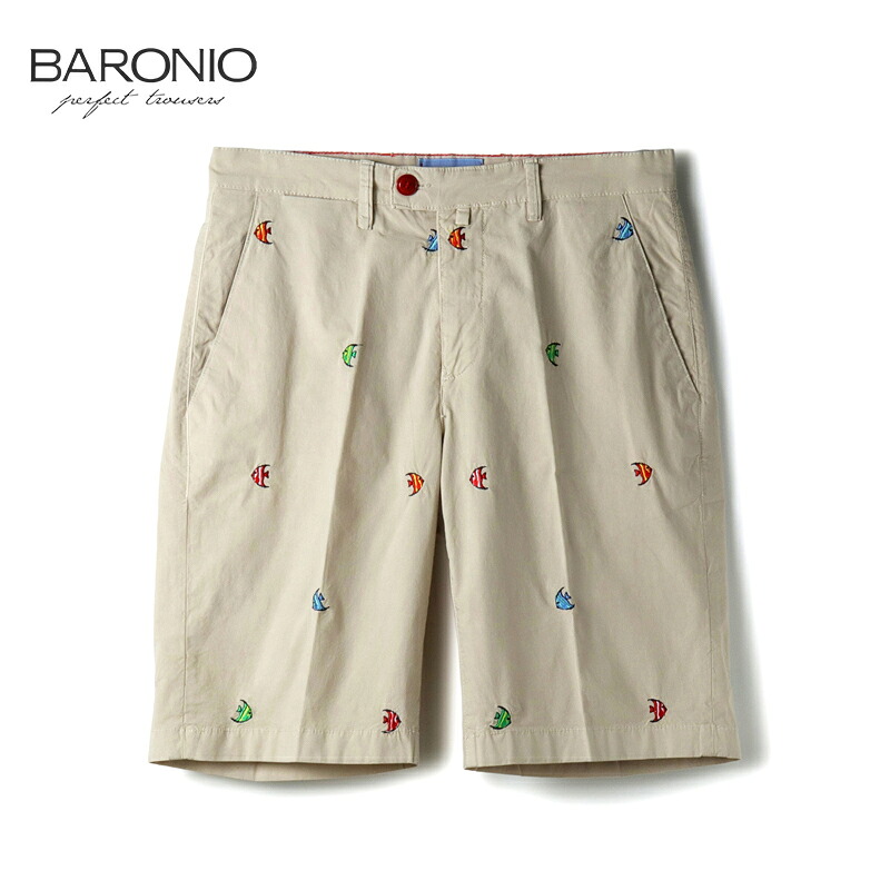 【40%OFF】 BARONIO / バローニオ|エンゼルフィッシュ柄刺繍コットンストレッチギャバジンショーツ(CHINOSH)|(ベージュ基調)| 春夏 バミューダパンツ ハーフパンツ ショートパンツ イタリア メンズ アウトレット|WISE MAN’S STORE 店
