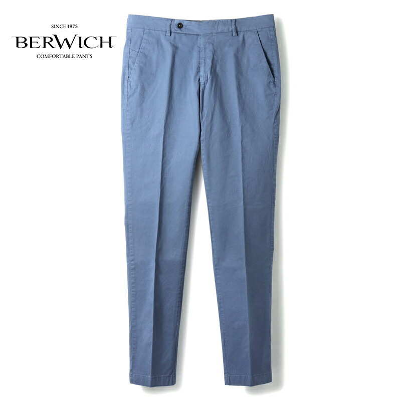 【30%OFF】 BERWICH / ベルウィッチ｜ガーメントダイコットンストレッチギャバジンノープリーツスリムテーパードパンツ(JMOREL-GD/TS0001X)｜（ウォッシュドブルー）｜ 春夏 ボトムス スラックス チノパンツ コットンツイル 製品染め ジェイモレッロ イタリア アウトレット
