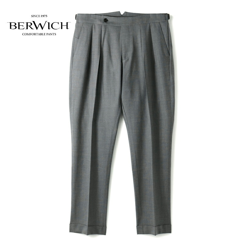 【30%OFF】 BERWICH / ベルウィッチ｜テクノポリエステルウールストレッチサージサイドアジャスター付き2プリーツパンツ(SCOTCH/BN7000X)｜（ミディアムグレー）｜ スラックス ワイドパンツ テーパードパンツ ヴァージンウール スコッチ メンズ イタリア アウトレット