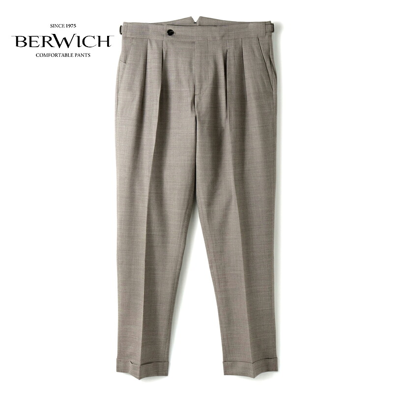 【30%OFF】 BERWICH / ベルウィッチ｜テクノポリエステルウールストレッチサージサイドアジャスター付き2プリーツパンツ(SCOTCH/BN7000X)｜（グレージュ）｜ スラックス ワイドパンツ テーパードパンツ ヴァージンウール スコッチ メンズ イタリア アウトレット