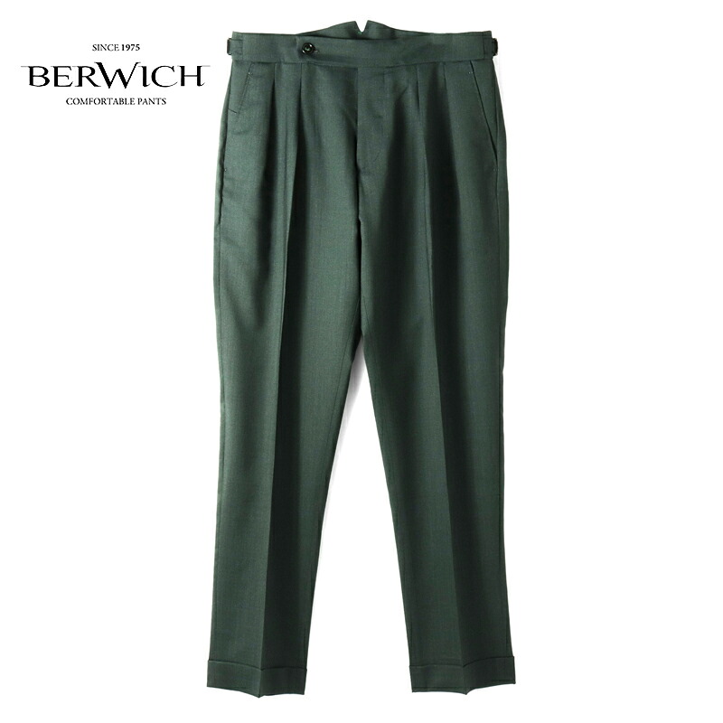 【30%OFF】 BERWICH / ベルウィッチ｜CANONICO製ウールトロピカルアジャスター付き2プリーツパンツ(SCOTCH/VB6954)｜（ディープグリーン）｜ 春夏 スラックス ワイドパンツ テーパードパンツ ウーステッド カノニコ社 スコッチ メンズ イタリア アウトレット