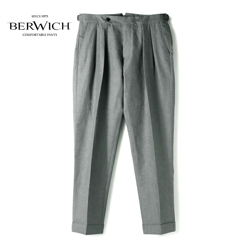 【30%OFF】 BERWICH / ベルウィッチ｜リネンコットンサイドアジャスター付き2プリーツパンツ(SCOTCH/ZG1802)｜（グレー）｜ 春夏 スラックス テーパードパンツ ワイドパンツ リネン シャンブレー スコッチ メンズ イタリア アウトレット 23,932円