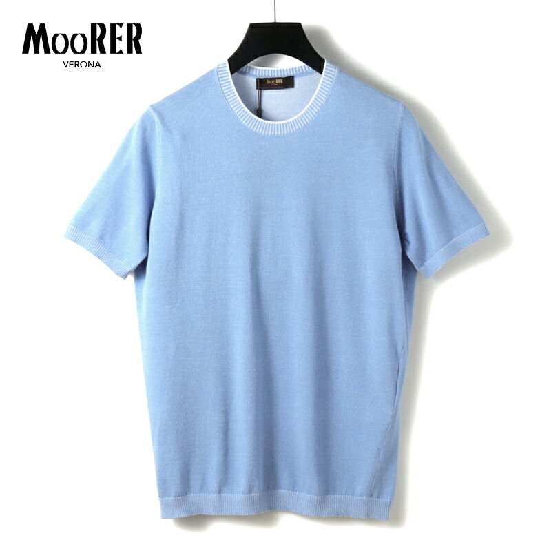 【50%OFF】 MOORER / ムーレー｜コットンハイゲージプレーティング半袖クルーネックニット(JUDE-VCR)｜（AZZURRO）｜ 春夏 半袖ニット 半袖Tシャツ コットン プレーティングニット メンズ イタリア アウトレット