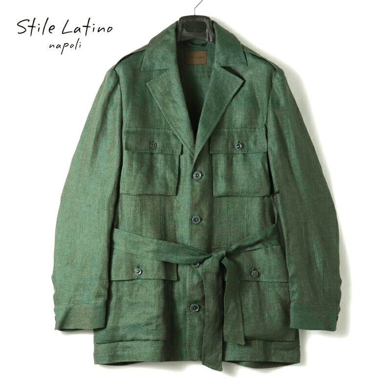 【40%OFF】 Stile Latino / スティレラティーノ｜リネンポプリンベルテッドサファリジャケット(NEPAL)｜（オリーブグリーン）｜ 春夏 ネパール アットリーニ フィールドジャケット メンズ イタリア アウトレット