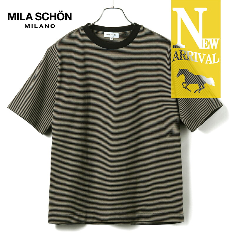 【40%OFF】 MILA SCHON MILANO / ミラ ショーン ミラノ｜ウルティマコットンボーダー柄半袖クルーネックTシャツ(860-750)｜（グレージュ×ブラック）｜ 春夏 ミラショーンミラノ カットソー ボーダーTシャツ メンズ 日本製 アウトレット