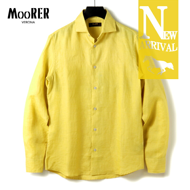 【50%OFF】 MOORER / ムーレー｜リネンガーゼワイドカラーシャツ(SORRENTO-HR)｜（GIALLO）｜ 春夏 長袖シャツ カジュアルシャツ リネンポプリン シャンブレー メンズ イタリア アウトレット 36,823円