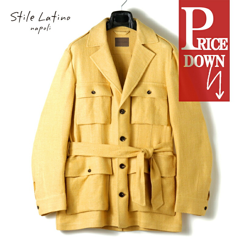 【60%OFF】 Stile Latino / スティレラティーノ｜5者混サマーヘリンボーンベルテッドサファリジャケット(NEPAL)｜（イエロー）｜ 春夏 ネパール アットリーニ フィールドジャケット メンズ イタリア アウトレット｜WISE MAN&rsquo;S STORE 店
