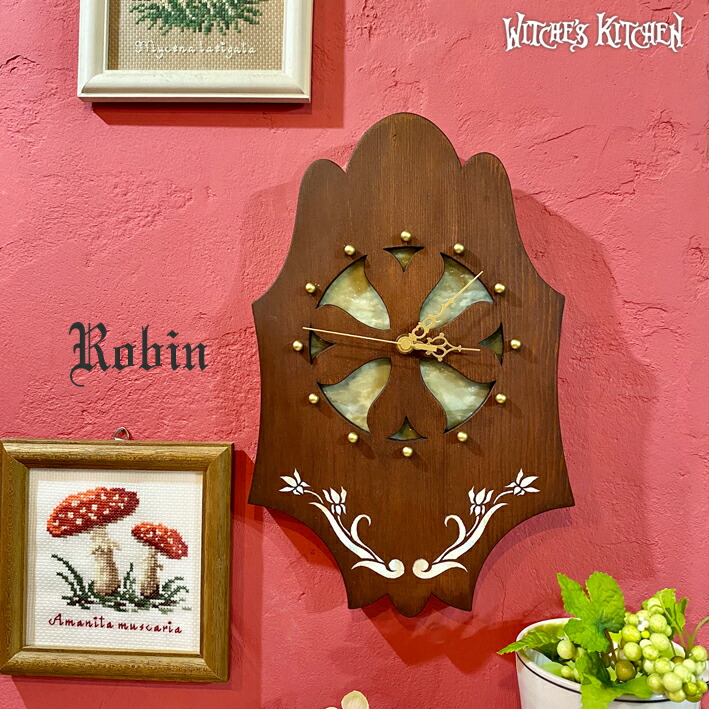 壁掛け時計 おしゃれ ハンドメイド 【 Robin・ロビン 】 Witche's Kitchen クローバー 木製 ウォールクロック 時計 壁掛け 可愛い パイン材