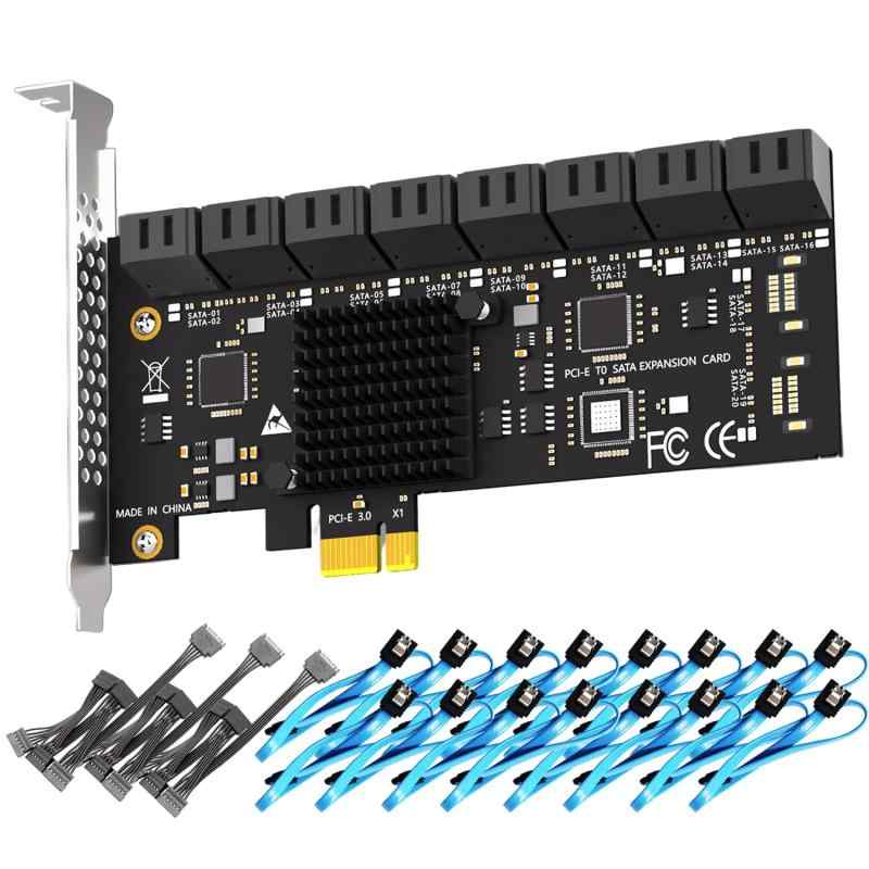 GLOTRENDS SA3116-C 16ポート 増設ボード PCIe X1 SATA拡張カード、SATAおよび電源ケーブル付き、Windows、Linux、Mac OS、NAS対応