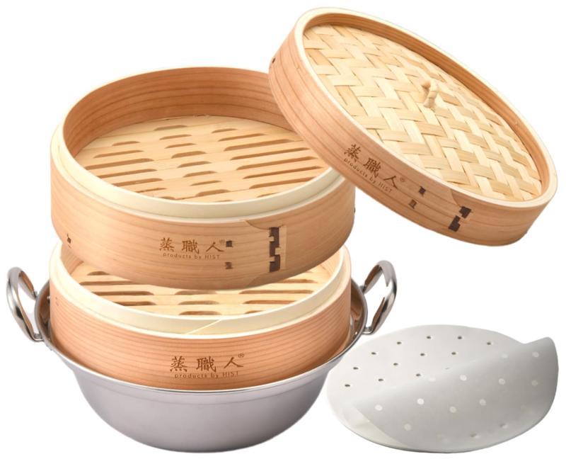 ハイスト 【蒸職人】 IH鍋つき 杉木セイロ 本体2個・蓋１個セット 業務用 せいろ蒸し器 蒸し器専用シート20枚付 (蒸職人・鍋付き・杉18cm)