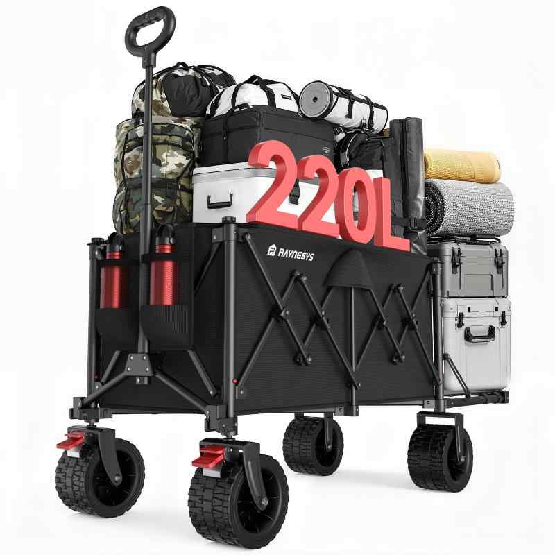 Raynesys キャリーワゴン 大容量150L~220L 耐荷重200kg 後部展開可 長物対応 折り畳み式 ワンタッチ収束 持ち運び便利 コンパクト 自立収納 静音 頑丈スチール 多地形対応 キャンプ/砂浜/釣り/引越