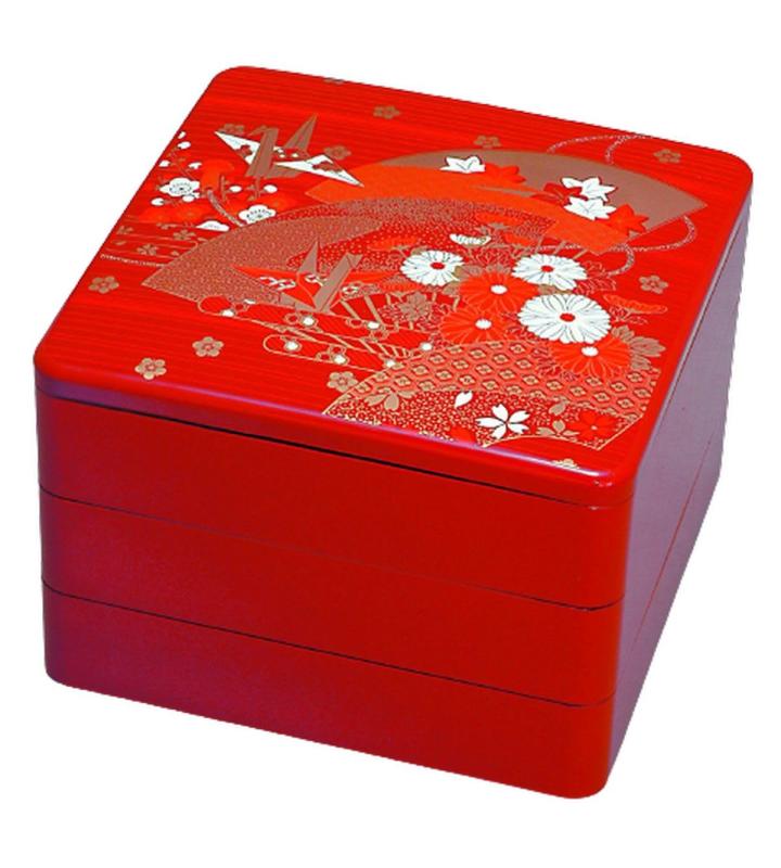 J-kitchens 重箱 日本製 3段 8寸 朱扇面 24.1cm x 24.1cm x 17.4cm